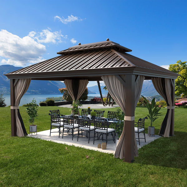 Hommow 12' x 16' Hardtop Gazebo Steel Outdoor Double Vented Roof Brown