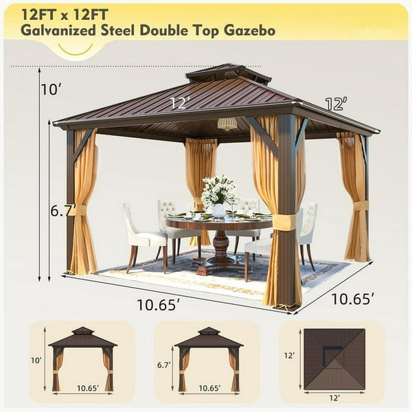 12'x12' Hardtop Gazebo with Galvanized Steel Double Roof & Aluminum Frame, Outdoor Gazebo