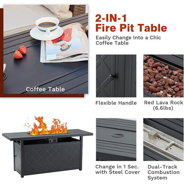 Erommy 57" Propane Fire Pit Table Outdoor, 50000 BTU Rectangular Auto-Ignition Gas Fire Table with Stainless Steel Burner and Lid
