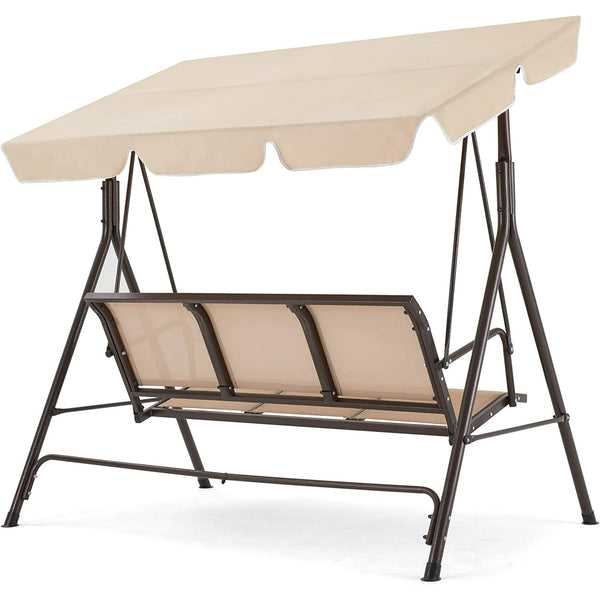 Yoleny Outdoor Patio Swing Chair, 3-Person Porch Swing with All-Weather Convertible Canopy and Textilene Fabric Seats, Steel Frame Bench Swing for Outsides, Backyard, Garden, Poolside, Beige