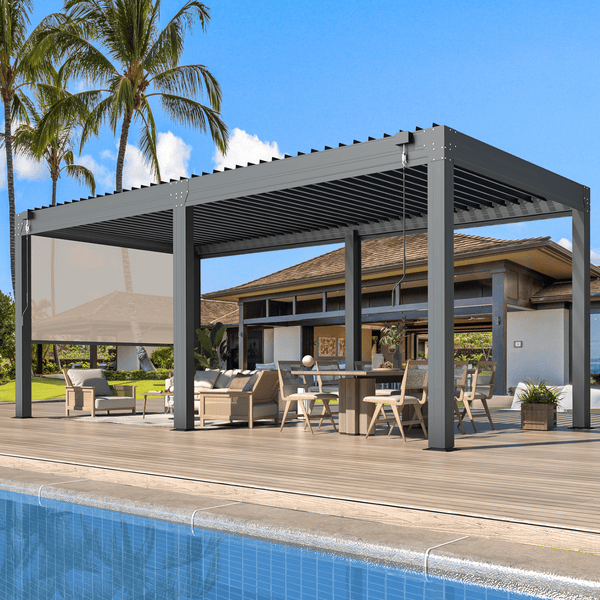 Mellcom 10'×20' Louvered Pergola with Pull-Down Privacy Screen, Hardtop Aluminum Rainproof Pergola for Patio, Dark Gray