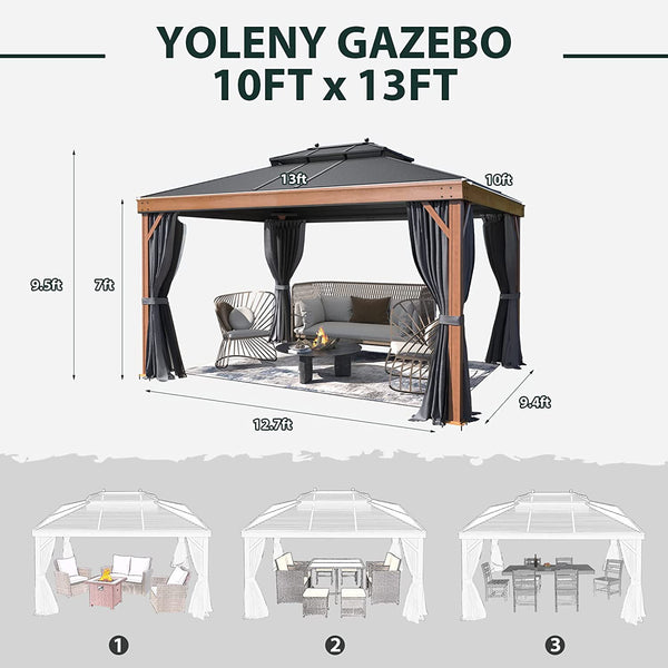Erommy 10' x 13' Hardtop Gazebo Metal Gazebo with Wood Grain Aluminum Frame, Galvanized Steel Double Roof with Netting and Curtains for Backyard, Patio, Lawns