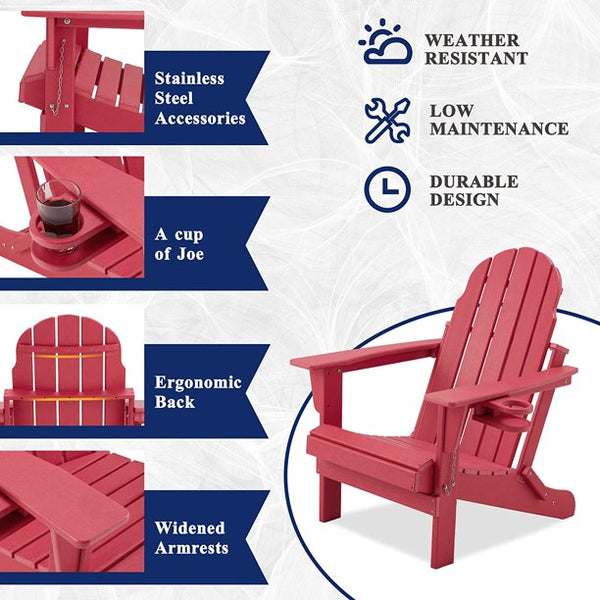 Erommy HDPE Folding Adirondack Chair, Patio Chair with Cup, Patio Lawn Chairs for Outdoors, Pink