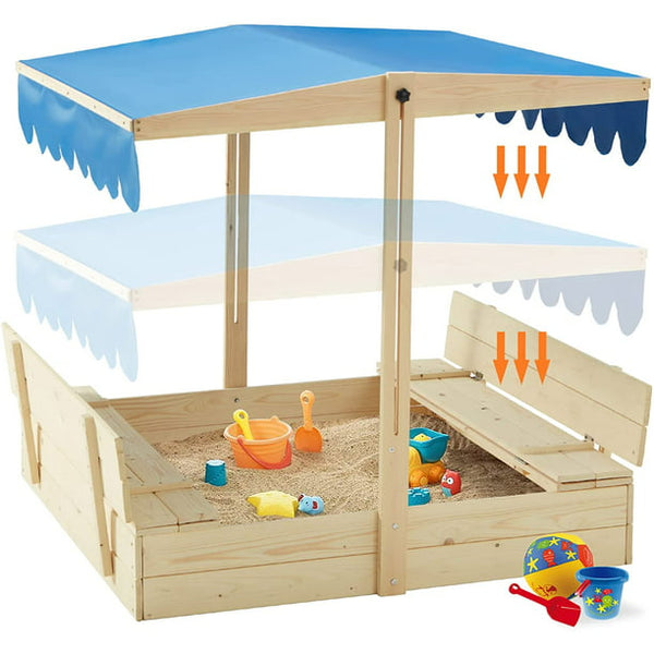 Richryce Kids Wooden Sandbox Outdoor w/ 2 Foldable Bench Seats, Height Adjustable Canopy Roof, White