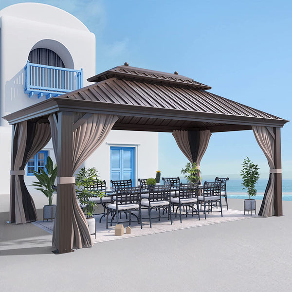 Hommow 12' x 16' Hardtop Gazebo Steel Outdoor Double Vented Roof Brown