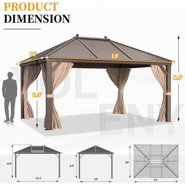 Yoleny 10’ ×13’ Hardtop Galvanized Steel Outdoor Gazebo Canopy, Brown