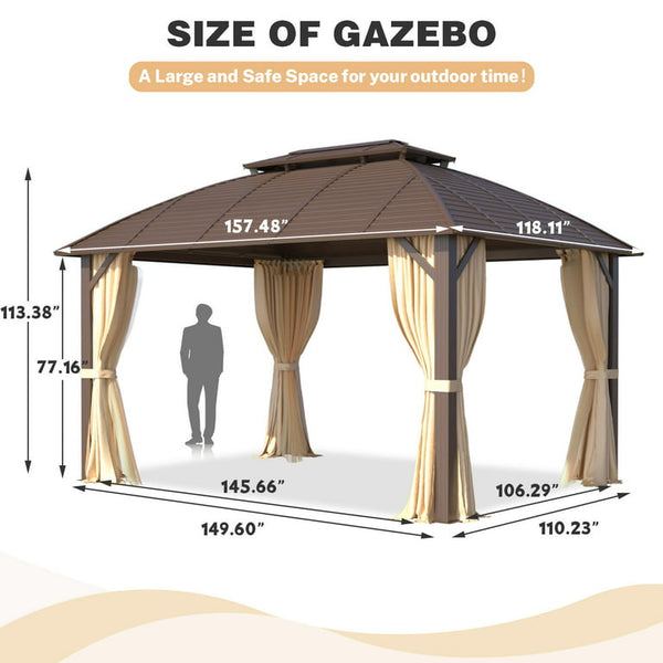 Mellcom 10' x 13' Hardtop Gazebo, Double Galvanized Steel Arc Roof with Aluminum Frame, Brown