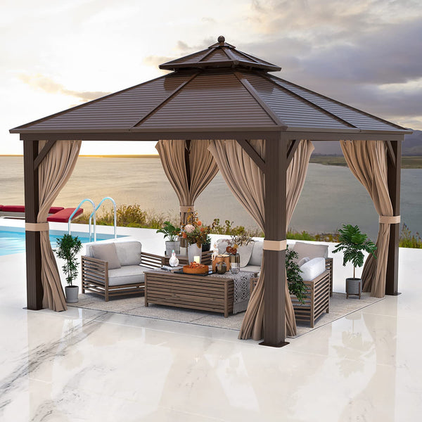 Hommow 12 ft x 12 ft Galvanized Steel Hardtop Gazebo with Netting, Brown