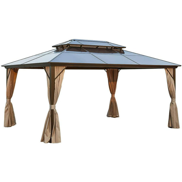 Yoleny 12'x16' Outdoor Polycarbonate Double Roof Hardtop 12 ft Gazebo Canopy, Brown
