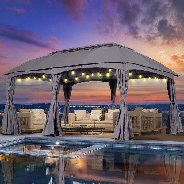 Yoleny 12'x20' Patio Gazebo, Double Soft-Roof Gazebo Tent with Curtains and Netting, Patio Canopy for Backyard, Garden, Outdoor Event, Gray
