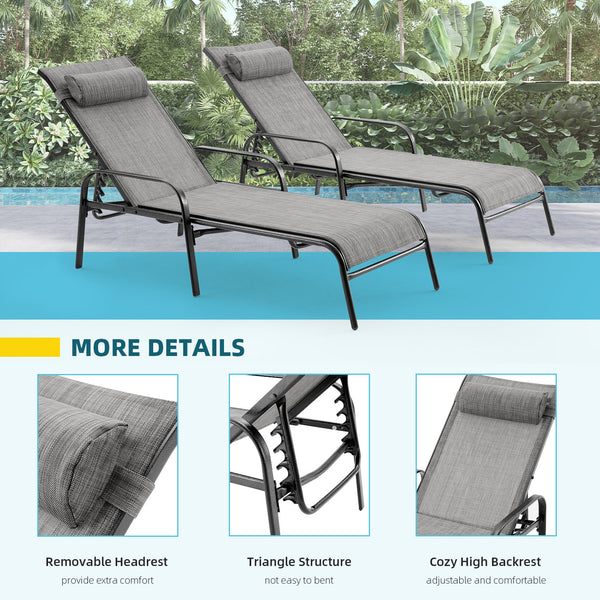 Hommow Outdoor Chaise Lounge Chair, Set of 2 Adjustable Patio Chaise Lounges for Beach Yard Pool, Gray