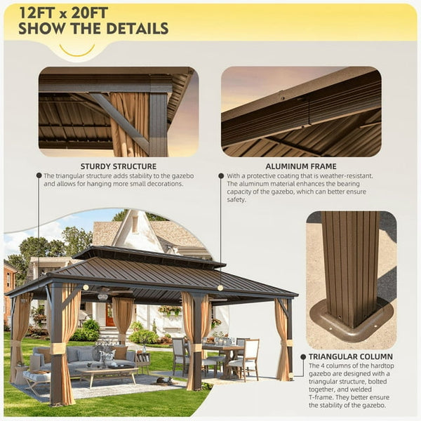 12'x20' Hardtop Gazebo with Galvanized Steel Double Roof & Aluminum Frame, Outdoor Gazebo with Premium Curtains and Nettings
