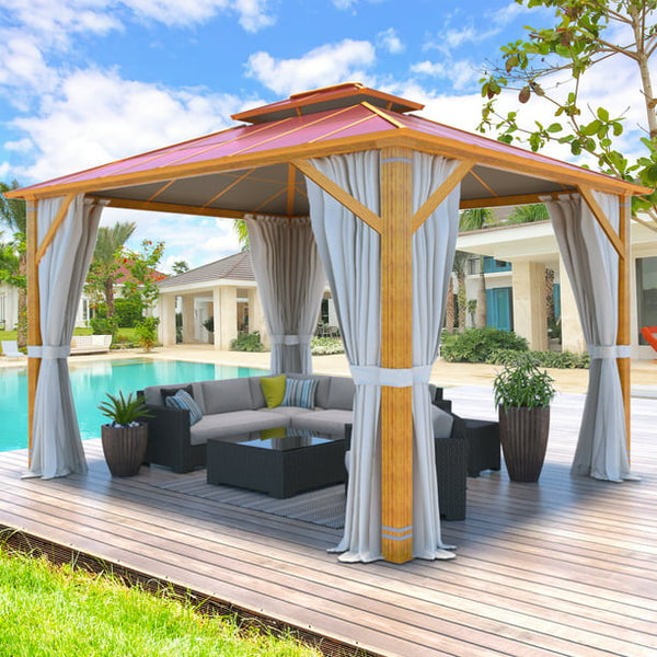 Erommy 10x12ft Hardtop Gazebo, Wooden Finish Coated Aluminum Frame Gazebo with Double Aluminum Composite Roof for Patio，Red