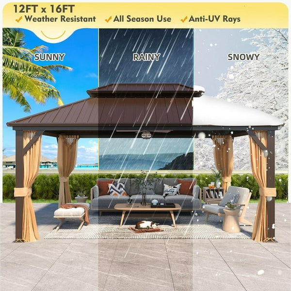 12'x16' Hardtop Gazebo with Galvanized Steel Double Roof & Aluminum Frame, Outdoor Gazebo