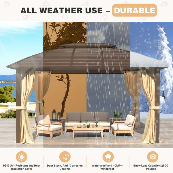 Mellcom 10' x 13' Hardtop Gazebo, Double Galvanized Steel Arc Roof with Aluminum Frame, Brown