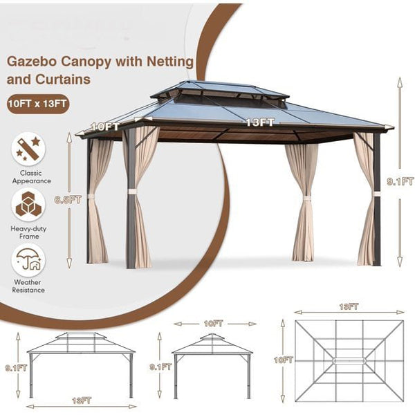 Hommow 10'x13' HardTop Double Roof Gazebo, Outdoor Polycarbonate Patio Gazebo with Aluminum Frame,Curtain