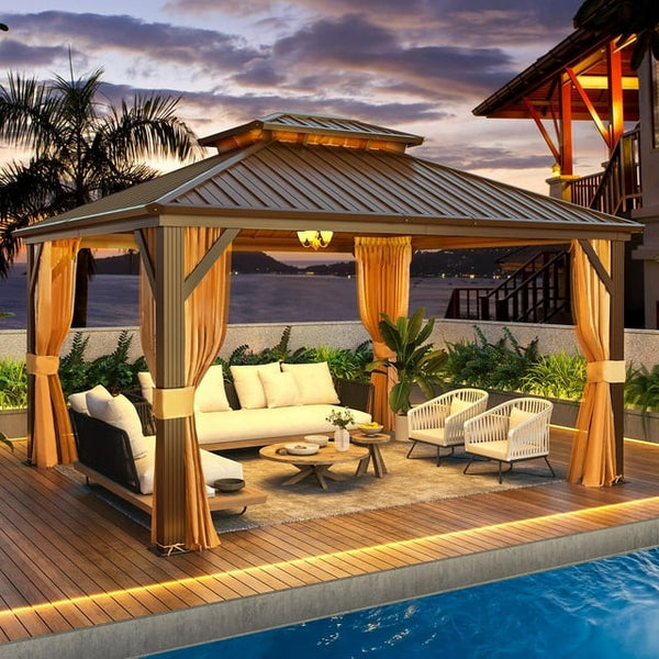 12'x14' Hardtop Gazebo with Galvanized Steel Double Roof & Aluminum Frame, Outdoor Gazebo with Premium Curtains and Nettings