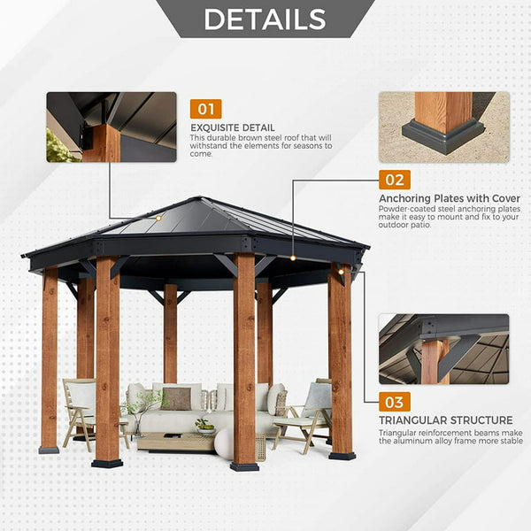 Mellcom 15' x 15' Hardtop Gazebo, Outdoor Aluminum Octagon Wood Grain Gazebos with Galvanized Steel Roof for Patio, Backyard, Deck and Lawns