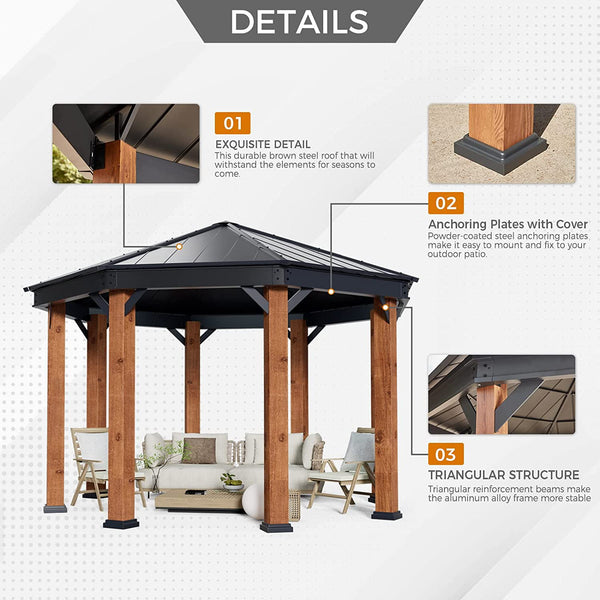 Yoleny 15' x 15' Hardtop Gazebo, Outdoor Aluminum Octagon Wood Grain Gazebos with Galvanized Steel Roof for Patio, Backyard, Deck and Lawns