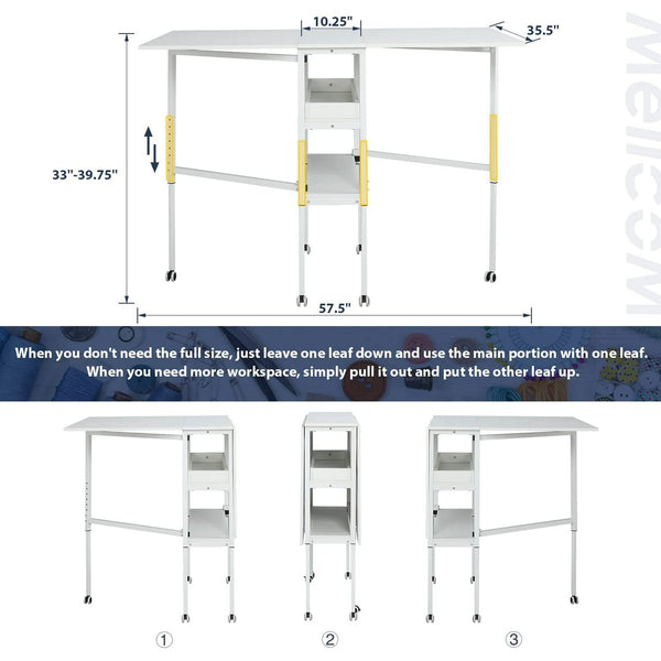 Home Hobby Craft Table with Storage Shelves, Mobile Folding Cutting Table for Large Fabric, Foldable Table for Home Office Sewing Room Craft Room