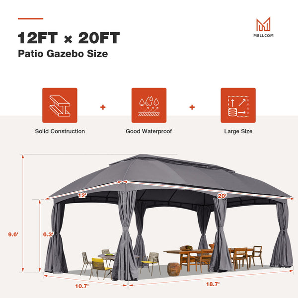 Yoleny 12'x20' Patio Gazebo, Double Soft-Roof Gazebo Tent with Curtains and Netting, Patio Canopy for Backyard, Garden, Outdoor Event, Gray