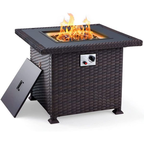 Erommy 32'' Propane Fire Pit Table, CSA Certified 50,000 BTU Wicker Square Gas Fire Pit Table with Cover, Dark Brown