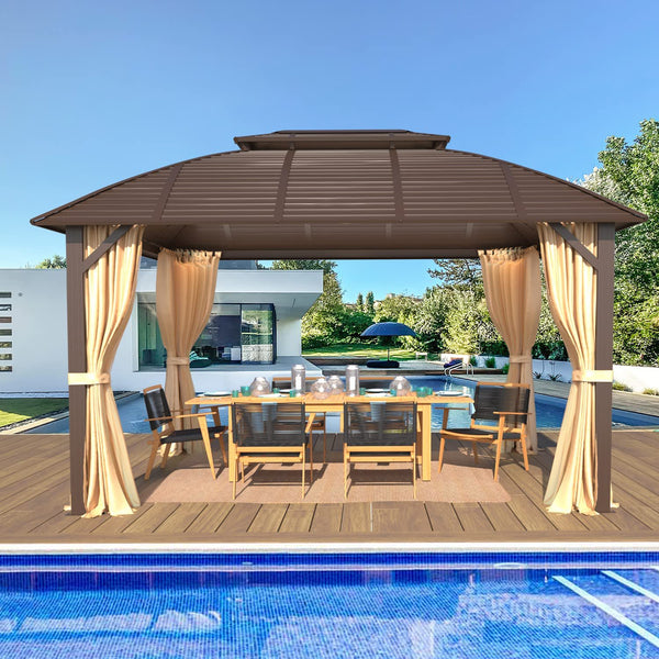 Yoleny 10' x 13' Hardtop Gazebo with Galvanized Steel Roof, Double Arc Roof Gazebo with Aluminum Frame, Outdoor Gazebo with Curtain&Netting, Sunshade for Gardens, Lawns, Deck