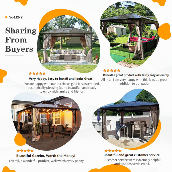 Erinnyees 12'x10' Outdoor 10 ft Hardtop Gazebo Polycarbonate Canopy, Brown