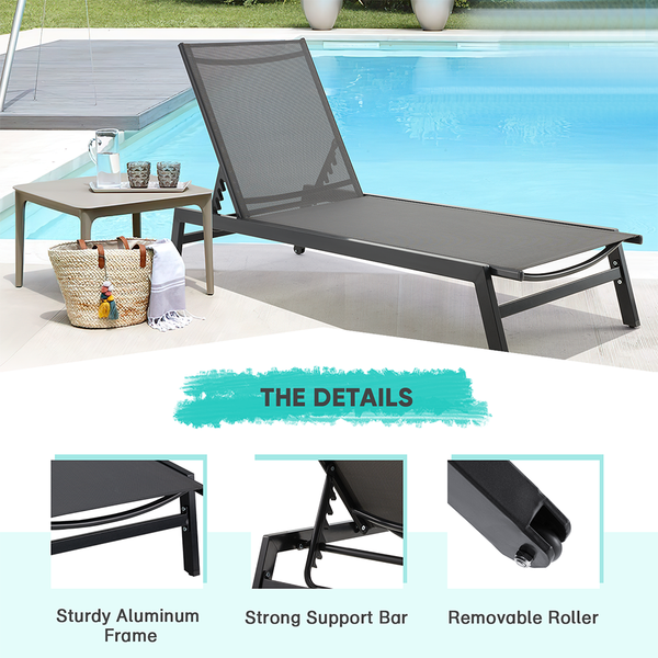 Hommow Outdoor Chaise Lounge Chair with Wheels and Mesh Seat,Aluminum Reclining Chair