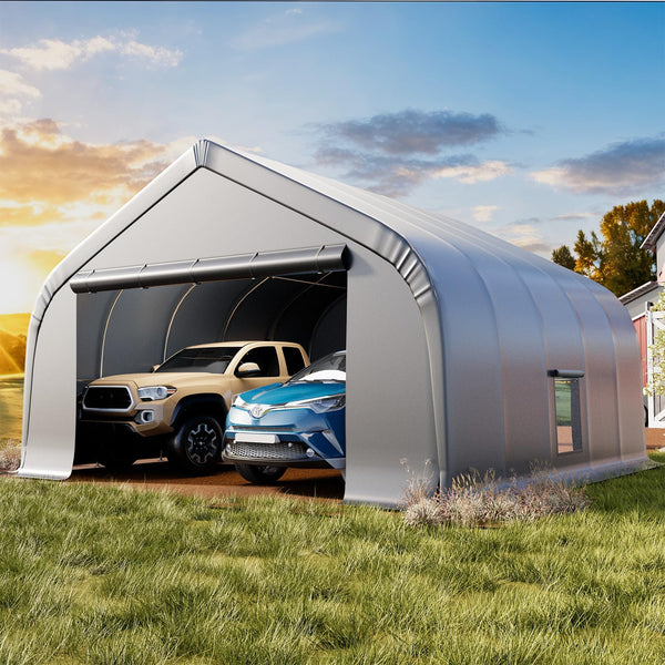 Erommy 20x20 ft Metal Carport, Heavy Duty Carport with Galvanized Steel Frame and Waterproof 3-Layer PE Cover, Fits 2 Cars, Boat, Farm Equipment, Silver Gray