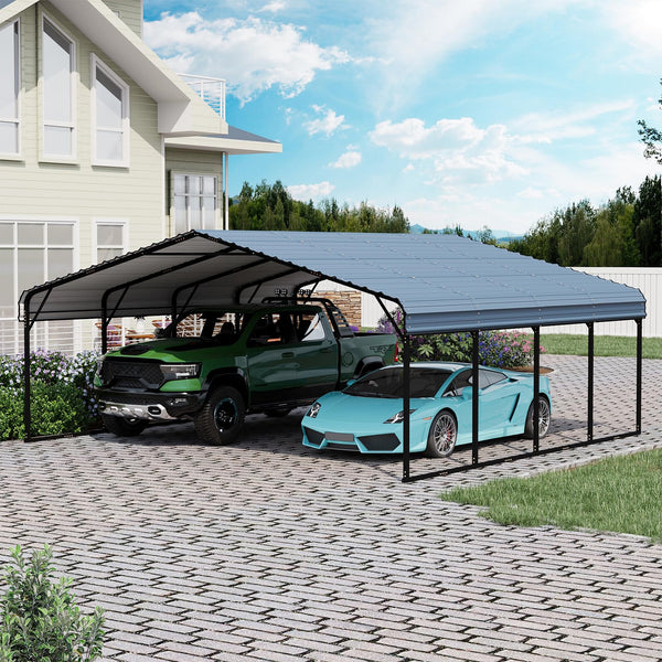Erommy 20x20ft Metal Carport, Heavy Duty Steel Carport with Galvanized Steel Roof and Frame, Portable Garage for 2 Cars, SUV, Tractors and Boat, Gray