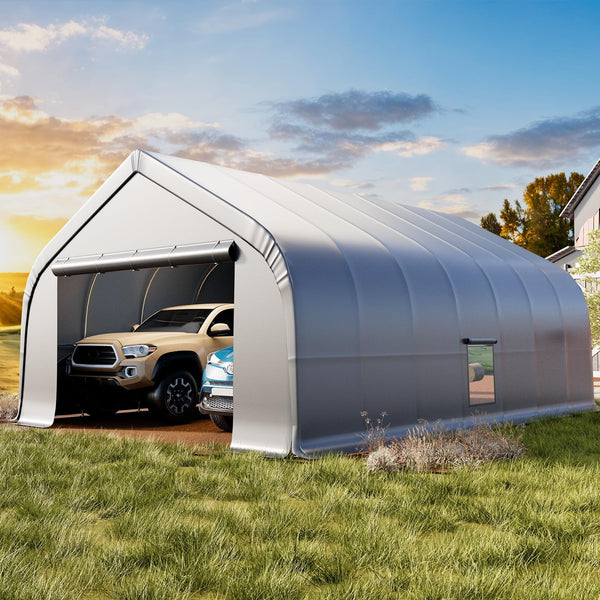 Erommy 20x30 ft Metal Carport, Heavy Duty Carport with Galvanized Steel Frame and Waterproof 3-Layer PE Cover, Fits 2 Cars, Boat, Farm Equipment, Silver Gray