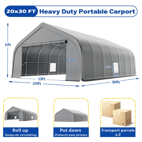 Erommy 20x30 ft Metal Carport, Heavy Duty Carport with Galvanized Steel Frame and Waterproof 3-Layer PE Cover, Fits 2 Cars, Boat, Farm Equipment, Silver Gray
