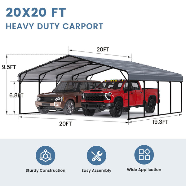 Erommy 20x20ft Metal Carport, Heavy Duty Steel Carport with Galvanized Steel Roof and Frame, Portable Garage for 2 Cars, SUV, Tractors and Boat, Gray