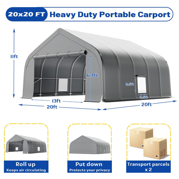 Erommy 20x20 ft Metal Carport, Heavy Duty Carport with Galvanized Steel Frame and Waterproof 3-Layer PE Cover, Fits 2 Cars, Boat, Farm Equipment, Silver Gray