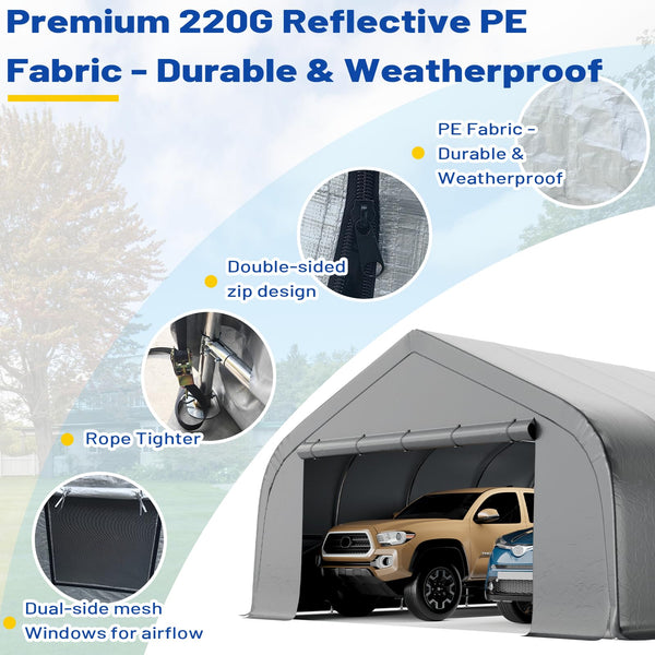 Erommy 20x20 ft Metal Carport, Heavy Duty Carport with Galvanized Steel Frame and Waterproof 3-Layer PE Cover, Fits 2 Cars, Boat, Farm Equipment, Silver Gray
