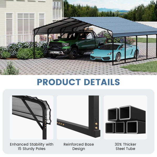 Erommy 20x20ft Metal Carport, Heavy Duty Steel Carport with Galvanized Steel Roof and Frame, Portable Garage for 2 Cars, SUV, Tractors and Boat, Gray