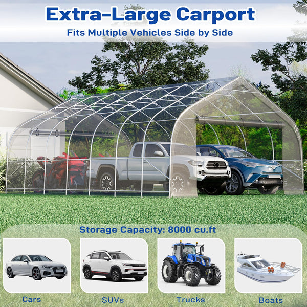 Erommy 20x30 ft Metal Carport, Heavy Duty Carport with Galvanized Steel Frame and Waterproof 3-Layer PE Cover, Fits 2 Cars, Boat, Farm Equipment, Silver Gray