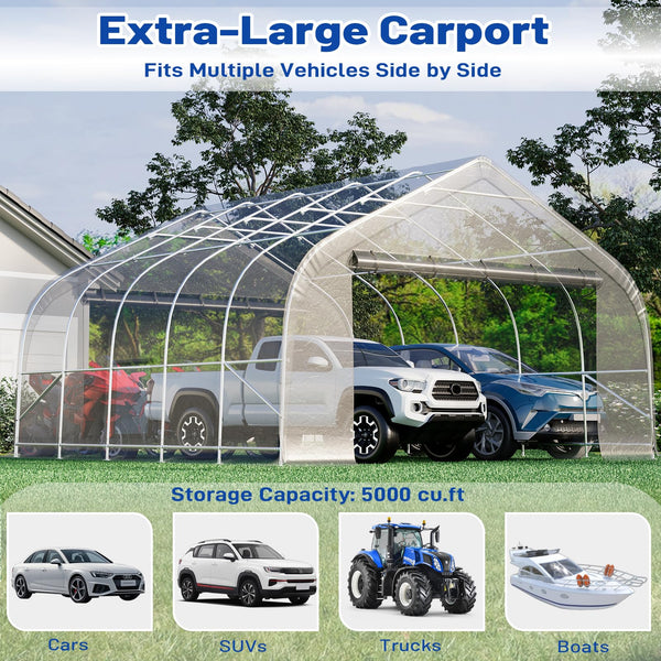 Erommy 20x20 ft Metal Carport, Heavy Duty Carport with Galvanized Steel Frame and Waterproof 3-Layer PE Cover, Fits 2 Cars, Boat, Farm Equipment, Silver Gray