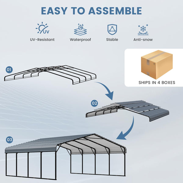 Erommy 20x20ft Metal Carport, Heavy Duty Steel Carport with Galvanized Steel Roof and Frame, Portable Garage for 2 Cars, SUV, Tractors and Boat, Gray
