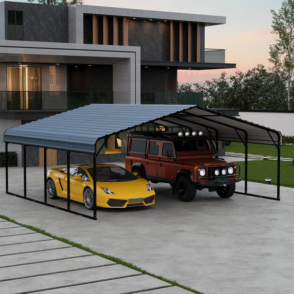 Erommy 20x20ft Metal Carport, Heavy Duty Steel Carport with Galvanized Steel Roof and Frame, Portable Garage for 2 Cars, SUV, Tractors and Boat, Gray