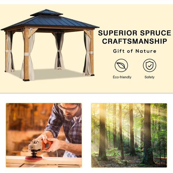 Erommy 11' x 11' Cedar Wood Frame Gazebo, Outdoor Hardtop Gazebo with Metal Roof,Curtains and Nettings
