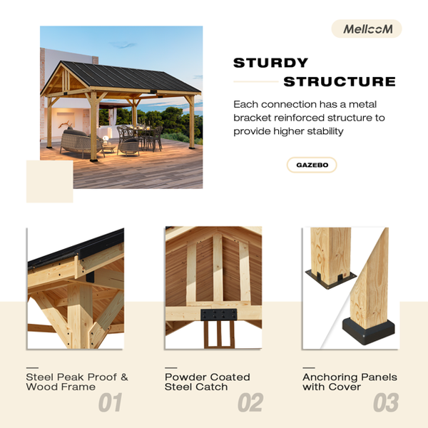 Mellcom 13x16 FT Hardtop Gazebo, Outdoor Solid Wood Gazebo with Waterproof and Heatproof Asphalt Roof