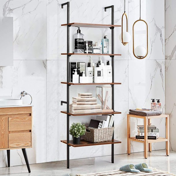 Yoleny 5 Tier Industrial Ladder Shelf, Wood Modern Bookshelf with Metal Frame, Wall-Mounted Plant Flower Storage Organizer, Brown