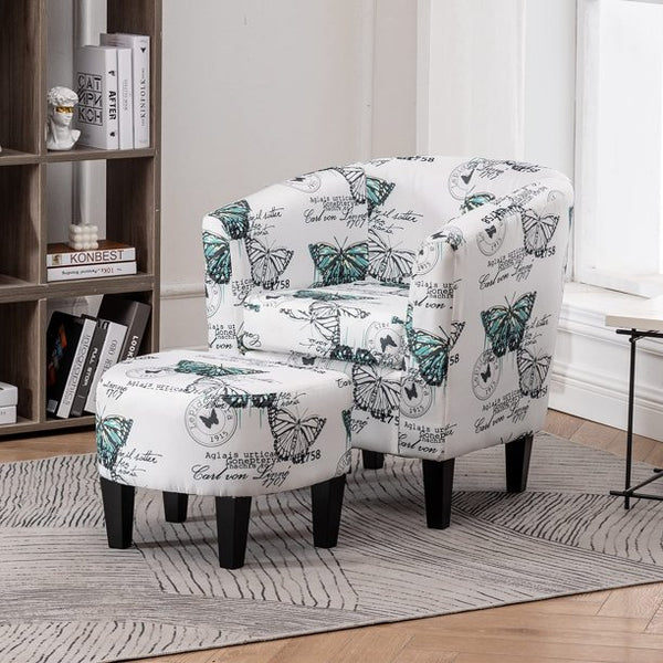 Mellcom Accent Chair with Ottoman , Comfy Fabric Armchair,White Butterfly