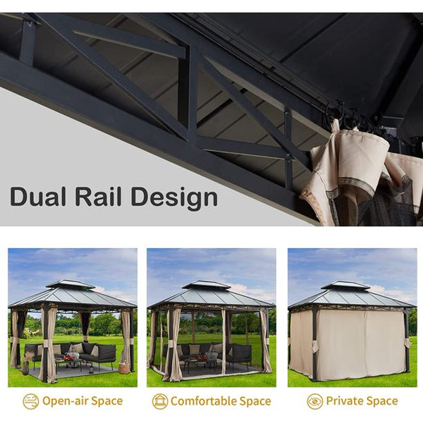 Yoleny 10' X 12' Double Roof Hardtop Gazebo, Outdoor Metal Gazebo with Netting and Curtains for Patios, Garden, Deck