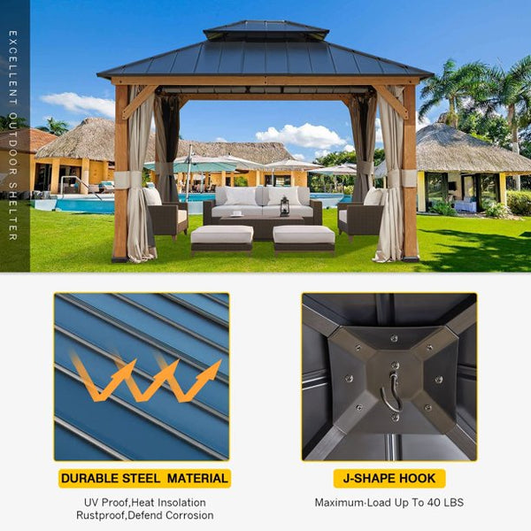 Yoleny 11' x 13' Solid Wood Gazebo, Hardtop Gazebo Galvanized Steel Outdoor Gazebo Canopy Double Vented Roof Pergolas Aluminum Frame with Netting and Curtains for Garden, Patio, Lawns, Parties