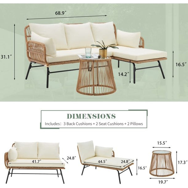 Erommy 3 Pieces L-Shaped Sectional Wicker Conversation Sets with Cushions and Glass Table
