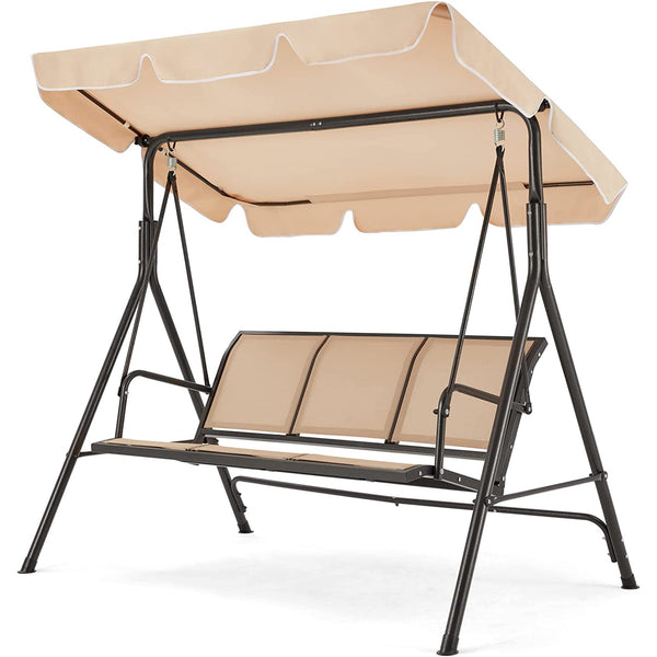 Yoleny Outdoor Patio Swing Chair, 3-Person Porch Swing with All-Weather Convertible Canopy and Textilene Fabric Seats, Steel Frame Bench Swing for Outsides, Backyard, Garden, Poolside, Beige