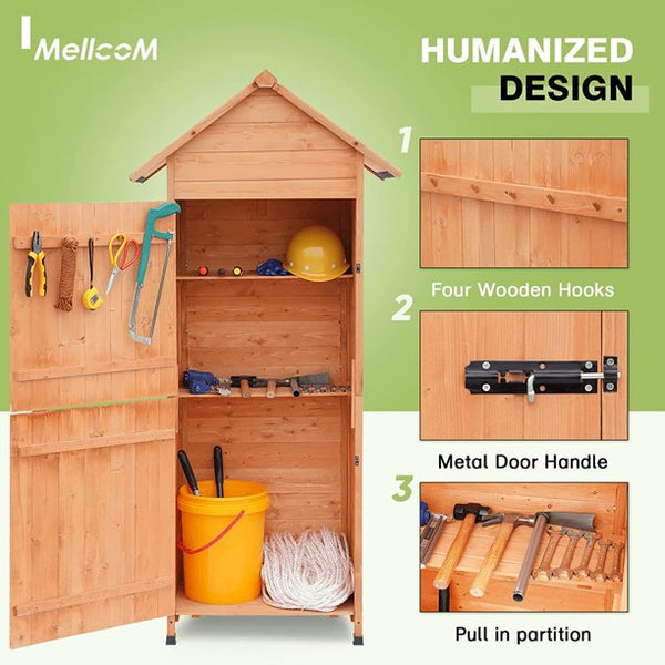 Mellcom Wooden Garden Storage Shed with Locker Doors, Outdoor Tool Shed with Asphalt Roof for Patio, Garden, Backyard, Lawn